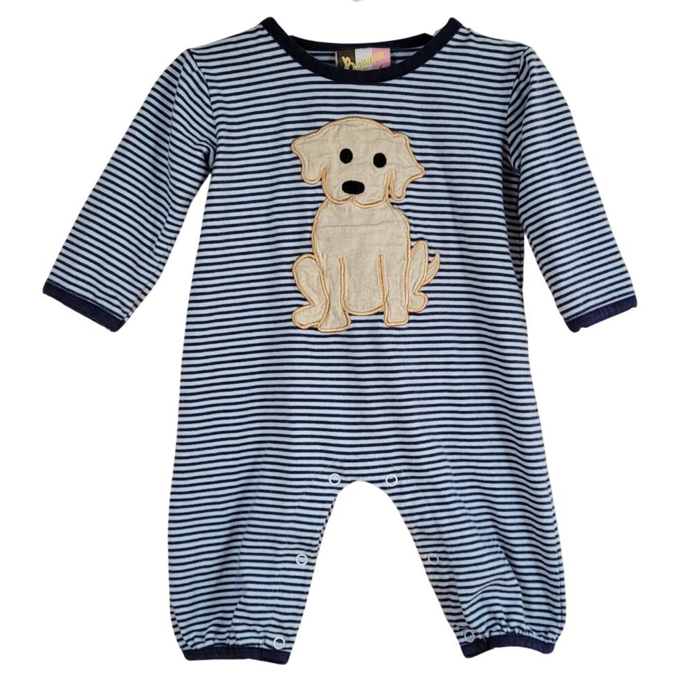 Banana Split Puppy Dog Romper Blue White Striped 6M Applique Long Sleeves Snaps